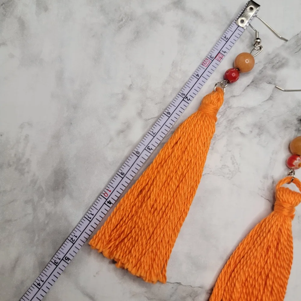 Handmade Tassel Earrings Orange Glass and Stone Bead